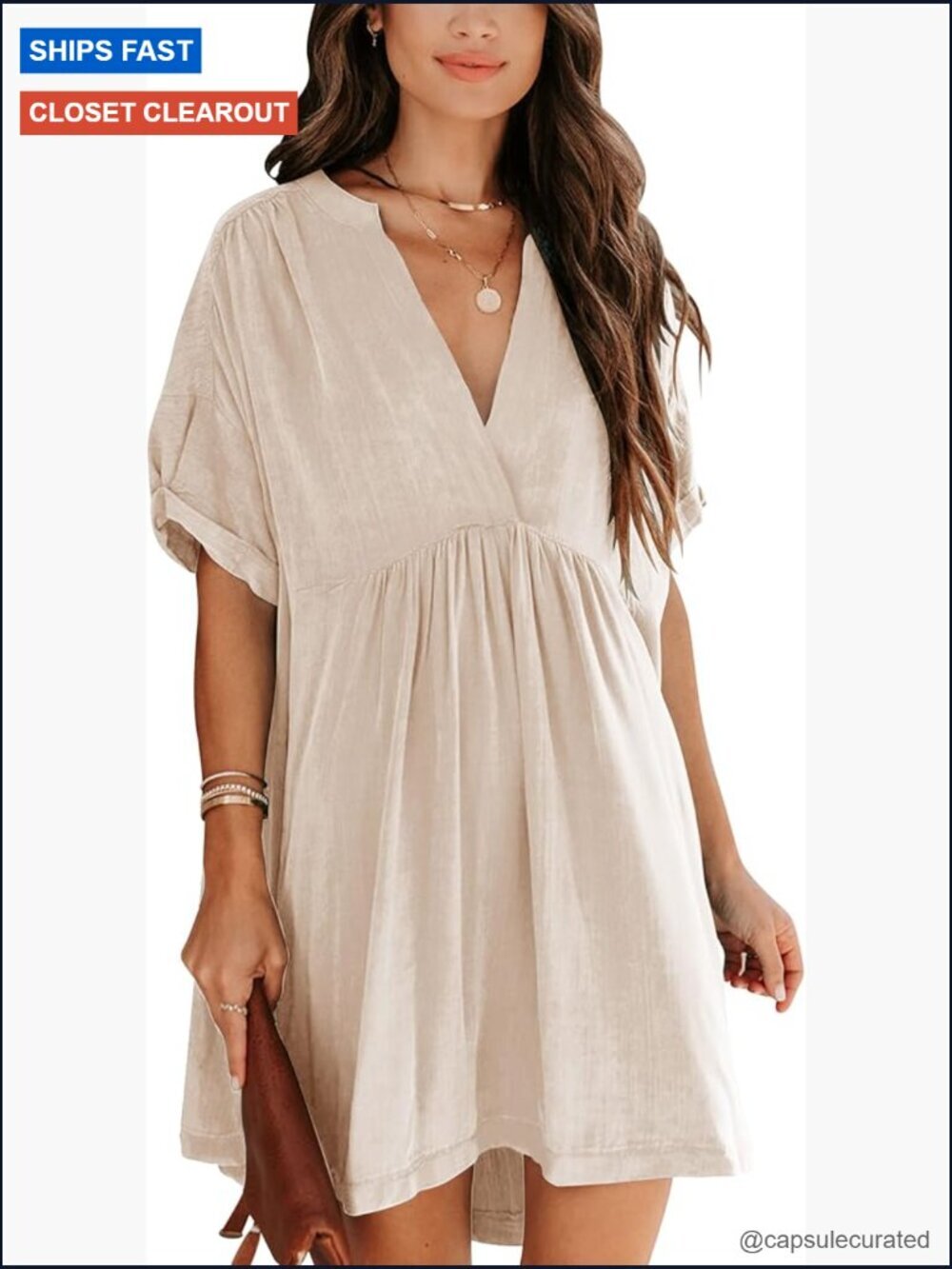 V Neck Short Sleeve Babydoll Tunic Dress Casual Loose Fit A-Line